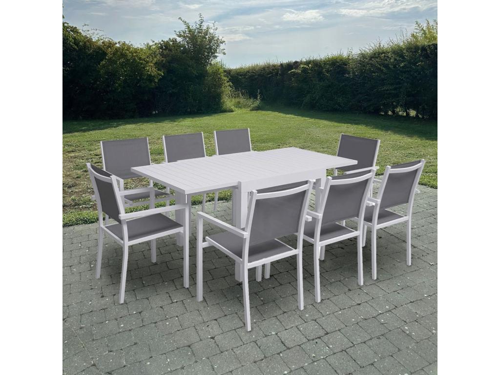 Salon de jardin extensible 90/180 en textilène gris 8 places - aluminium blanc - Mobilierart