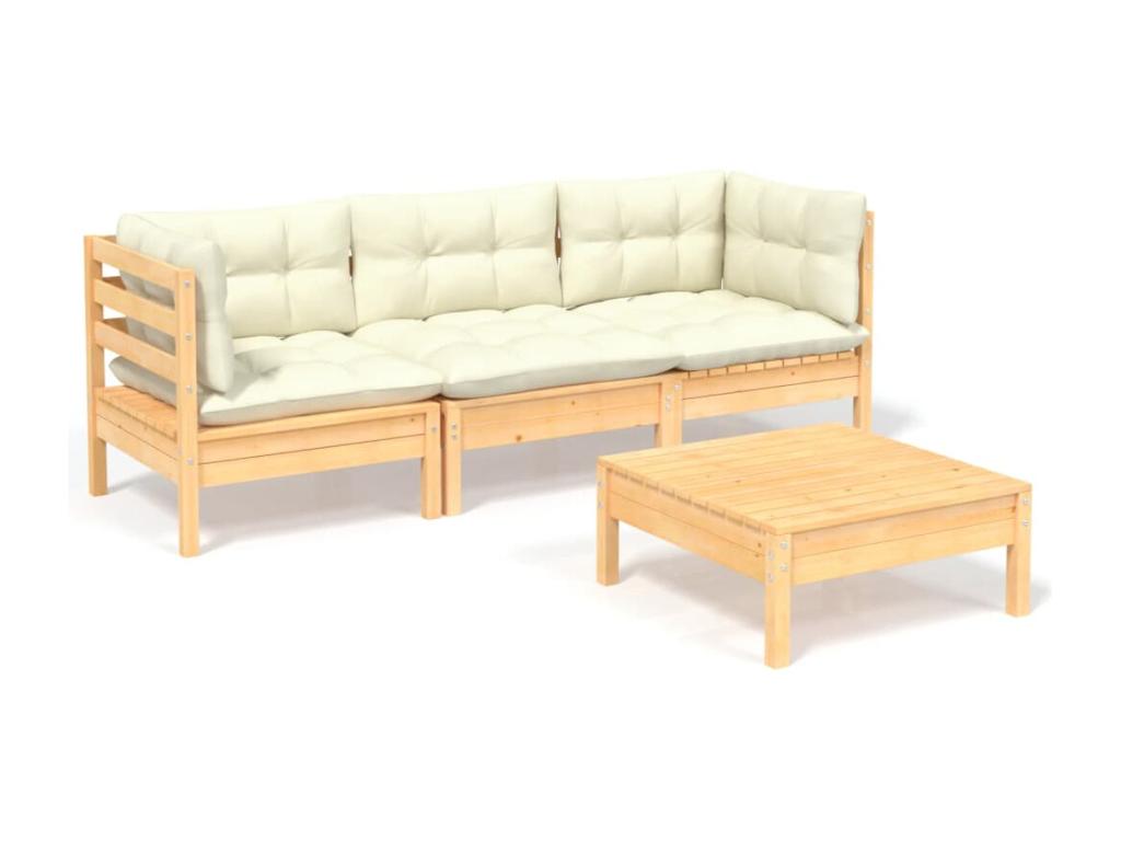 Salon de jardin 4 pièces avec coussins crème Bois de pin