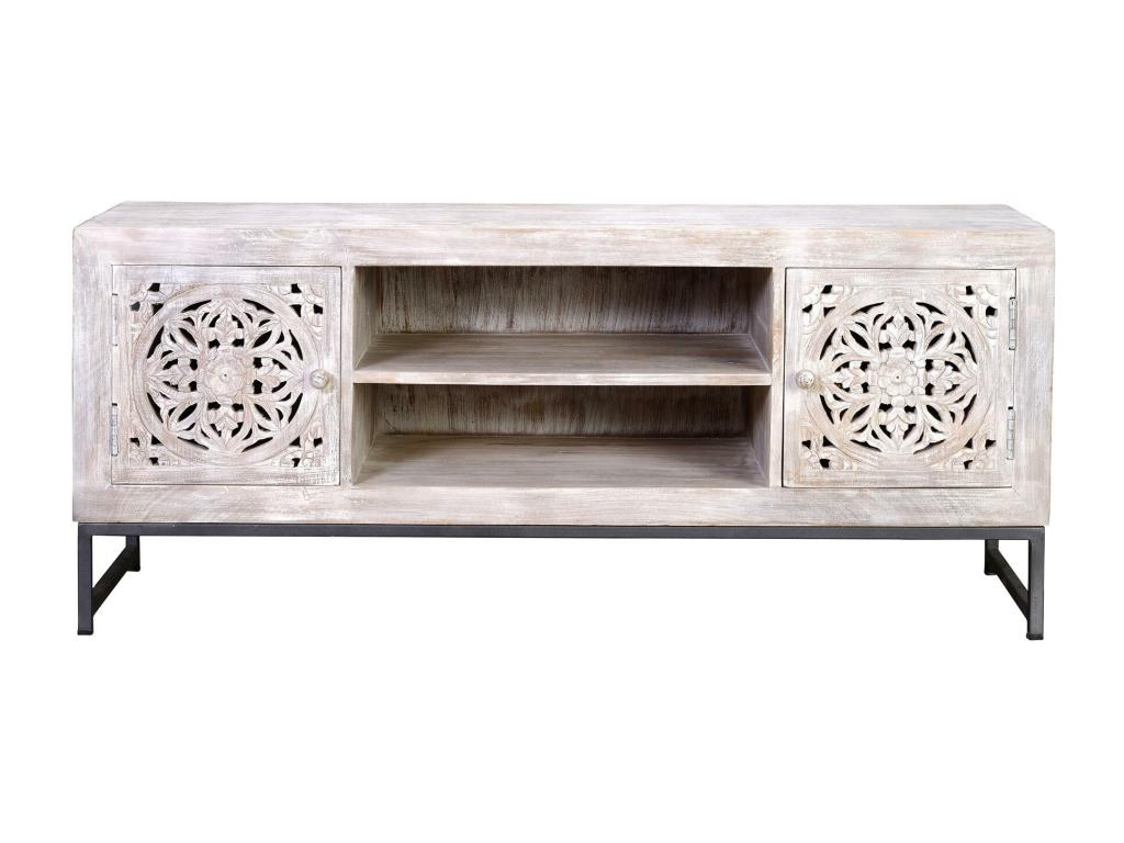 Meuble TV en manguier et pieds en métal blanc vieilli Habitatdoux y Colomer.55*40*130