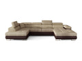 Canapé panoramique tissu beige clair chiné et simili cuir marron convertible avec coffre de rangement 345cm-Coffre de rangement à gauche