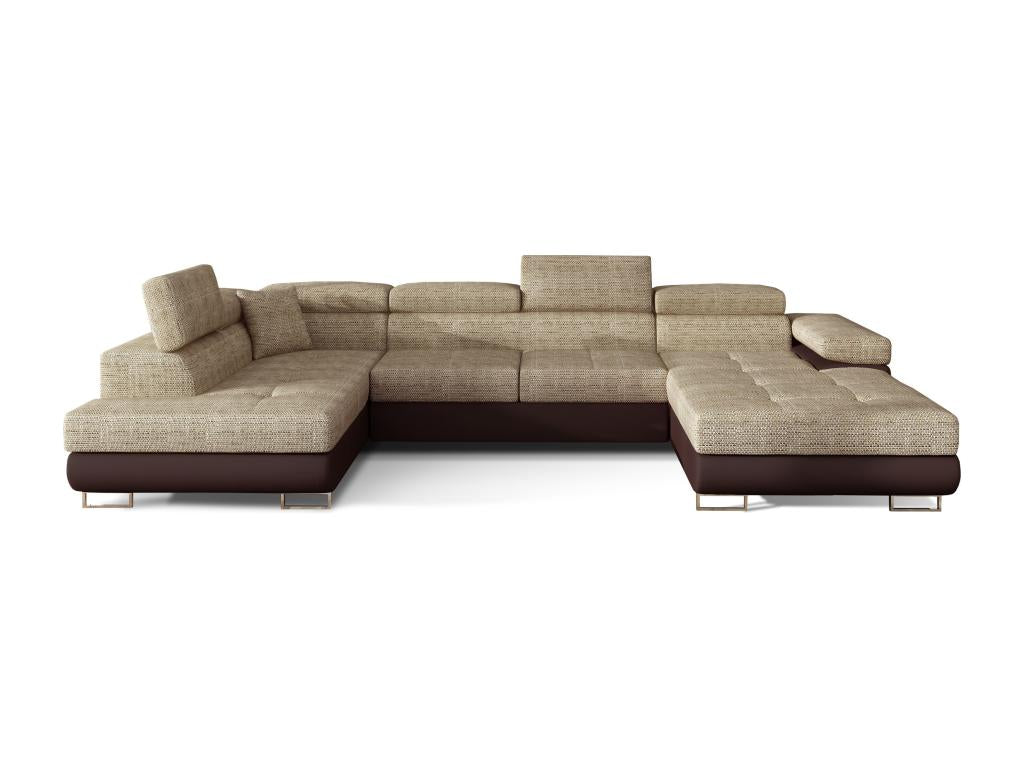 Canapé panoramique tissu beige clair chiné et simili cuir marron convertible avec coffre de rangement 345cm-Coffre de rangement à gauche