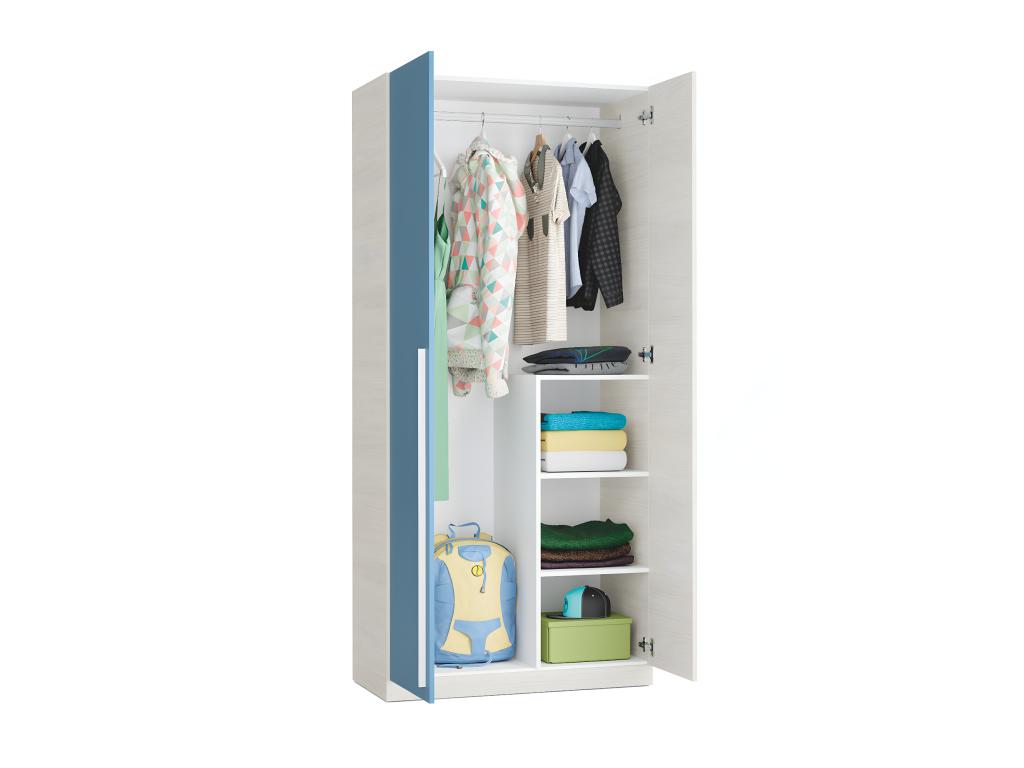 Armoire avec 2 portes coloris Blanc Alpes / bleu en mélamine - Dim 200x90x52 cm