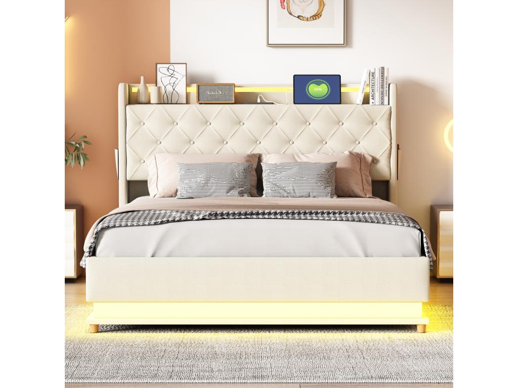 Lit coffre avec tête de lit 140x200 cm - Port USB LEDs - Tissu lin - sommier à Doucezen inclus - Beige