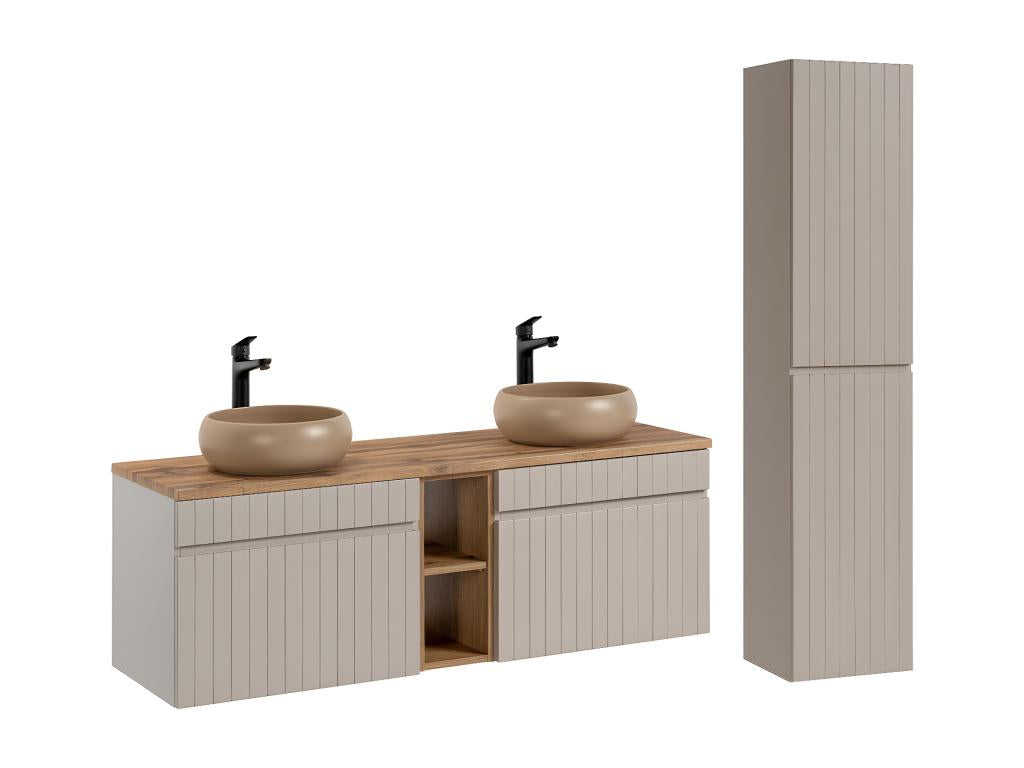 Ensemble meuble double vasque 140cm 2 niches et colonne Parfaitlogis Cachemire et Bois