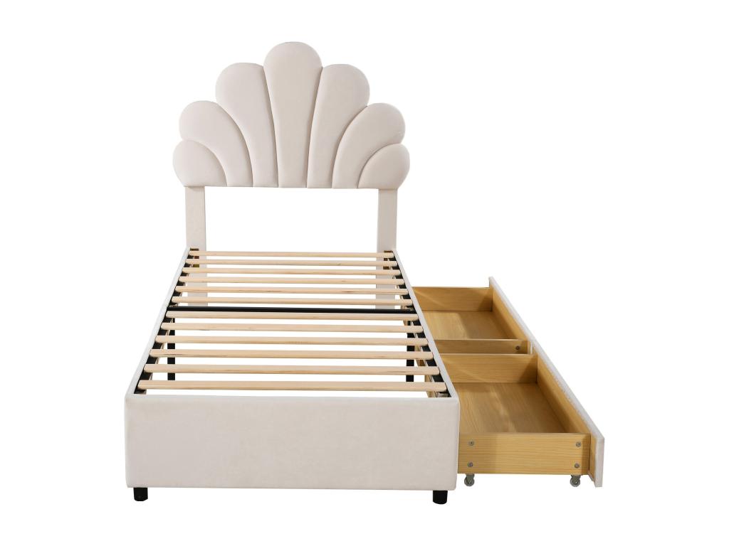 Lit simple rembourré en velours avec 2 tiroirs - 90x200cm - tête de lit en forme de fleur - avec sommier à Habitatharmonie - Beige