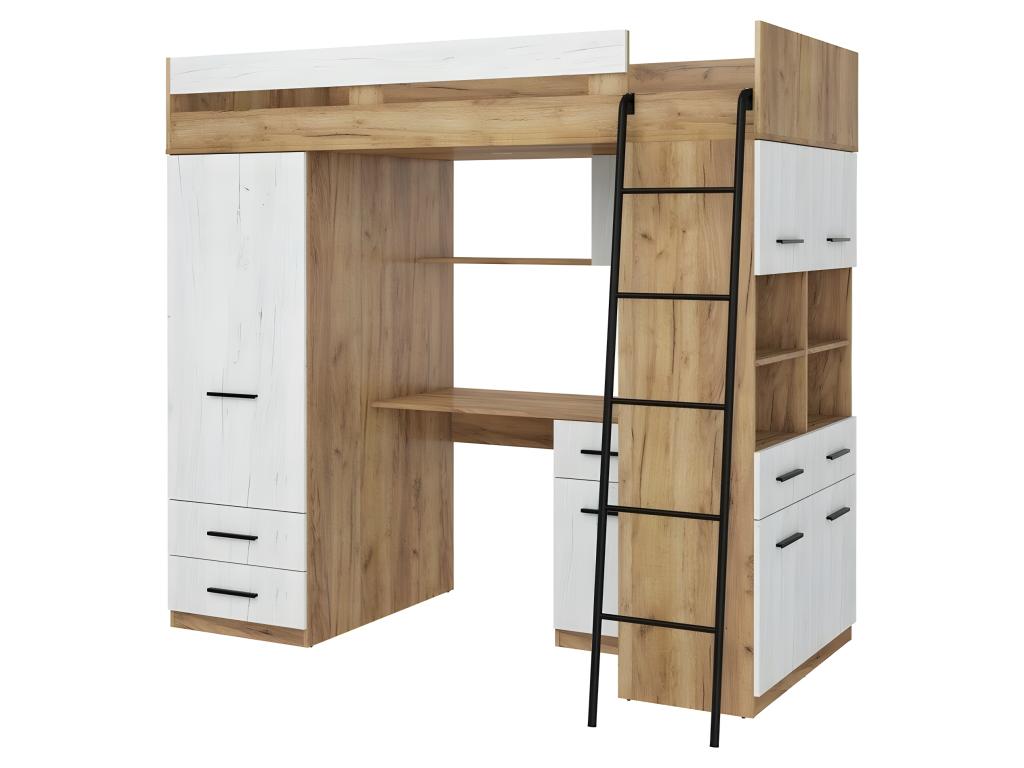Lit Mezzanine 90x200cm avec échelle Placard Bureau bibliothèque et beaucoup d'étagéres Habitatharmonie P Chêne Habitatharmonie/Blanc Habitatharmonie
