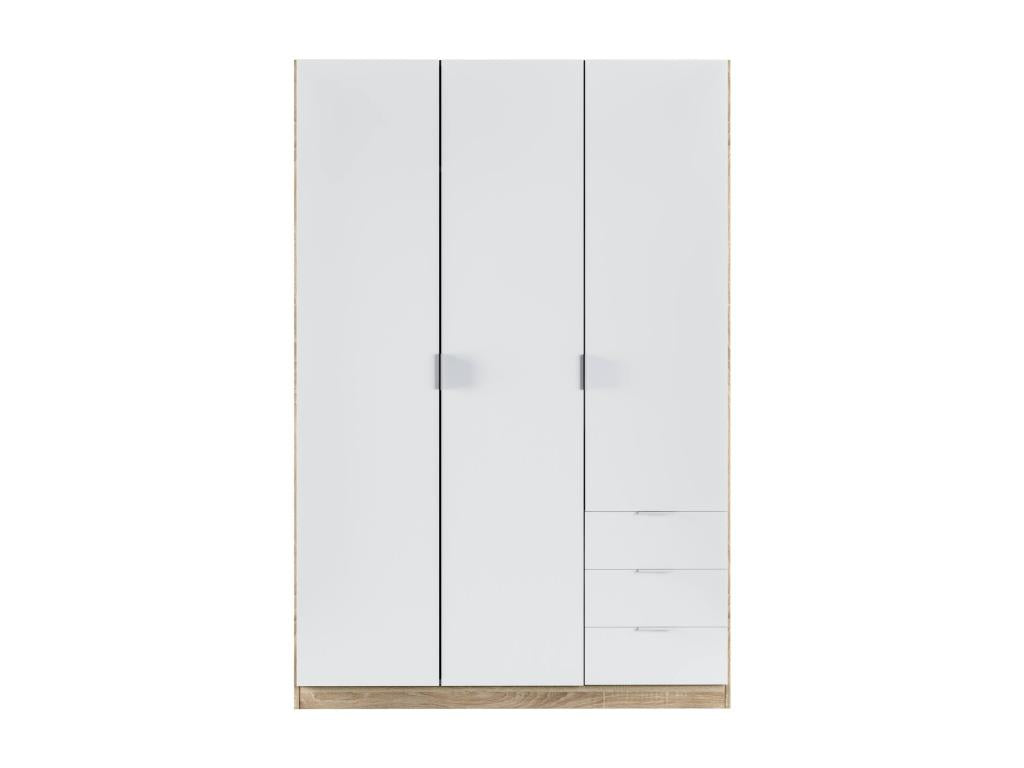 Armoire Stylelogis, Armoire de Chambre avec 3 Portes et 3 Tiroirs, Armoire avec Barre de Suspension et 3 Étagères, 121*52h180 cm, Blanc et Chêne