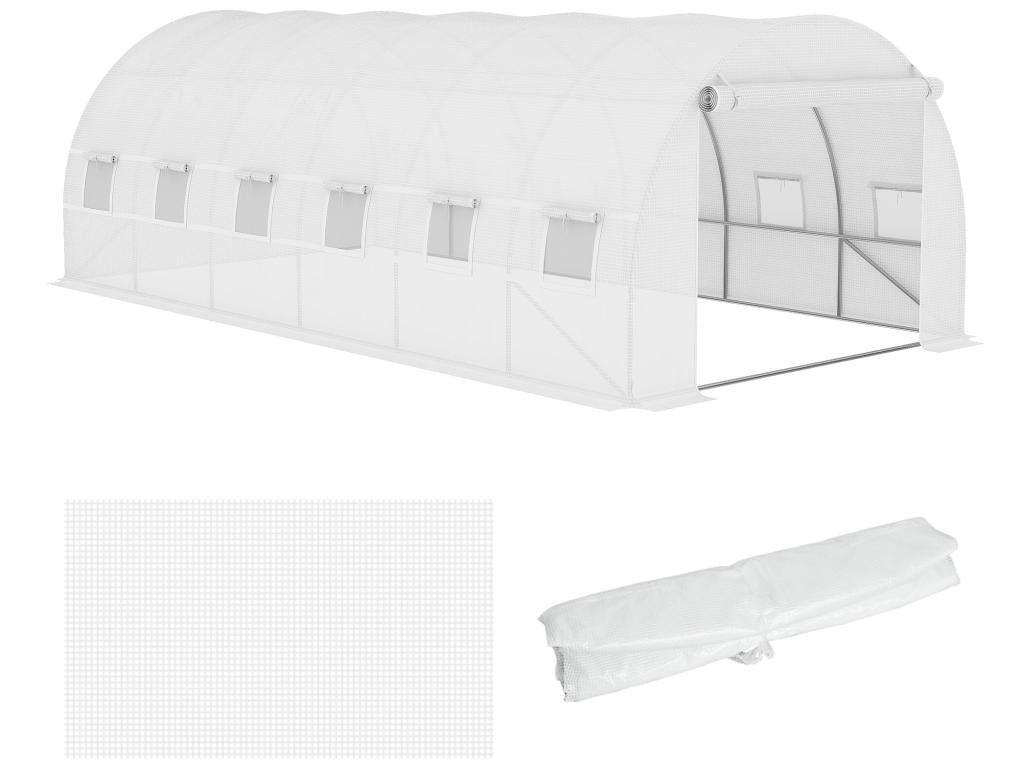 Bâche de rechange serre tunnel 18 m², bâche dim. 6L x 3l x 2H m PE anti-UV imperméable 12 fenêtres + porte enroulable zippée blanc