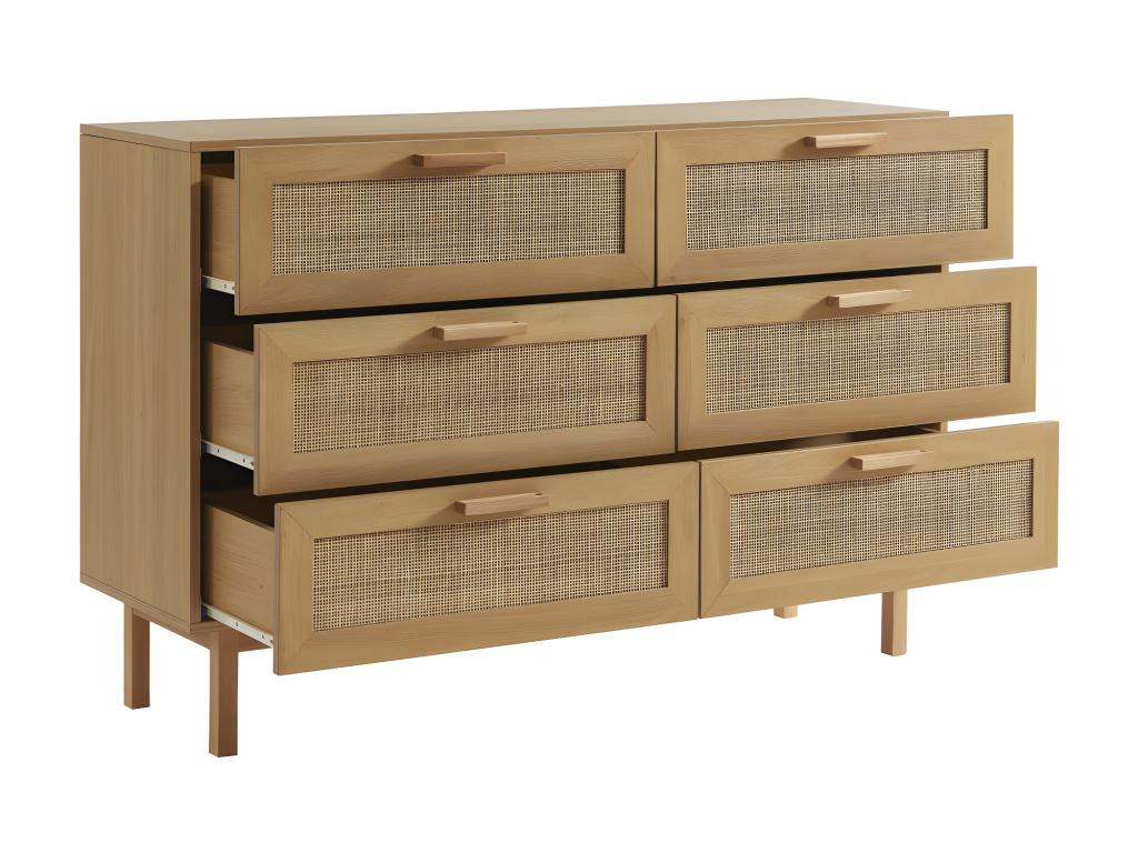 June - Commode 6 tiroirs en bois et cannage L130cm - Bois clair