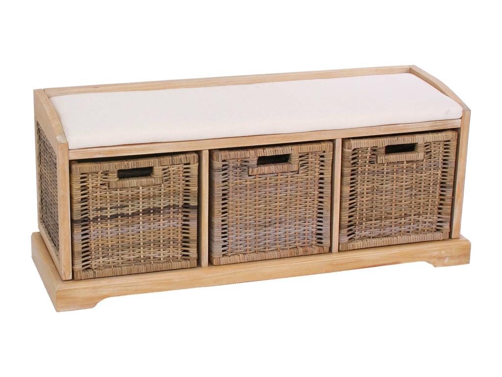 Banc / banquette , avec 3 paniers de rangement, bois/osier, 112x37x46cm