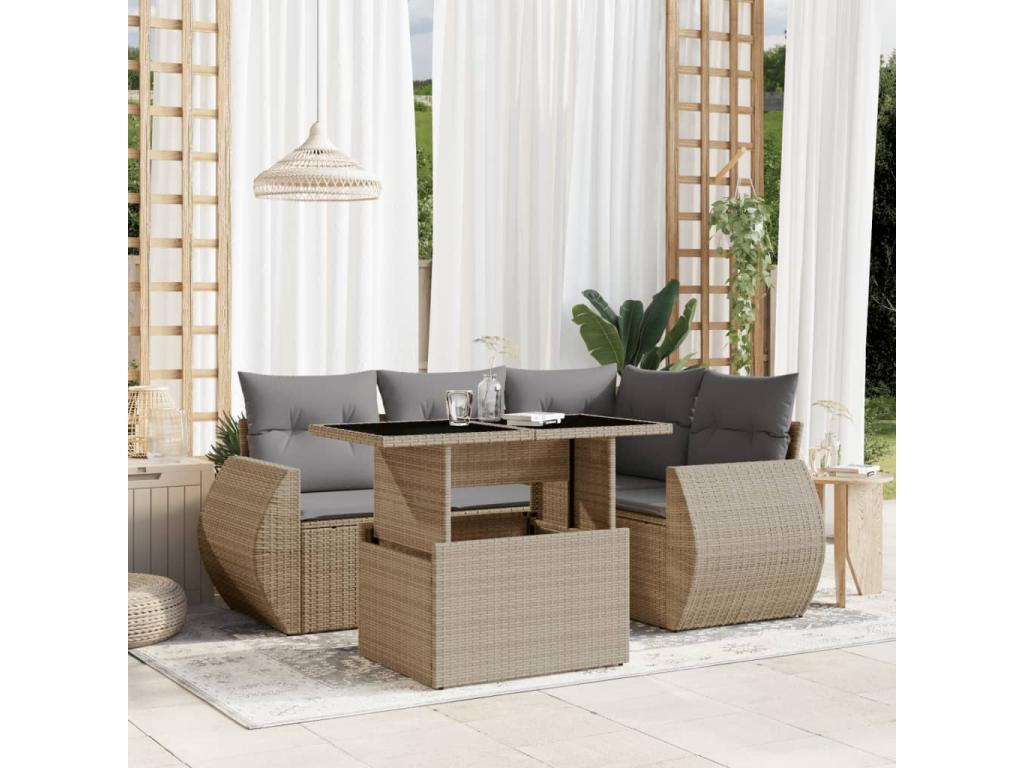 Salon de jardin avec coussins 5 pièces beige résine tressée