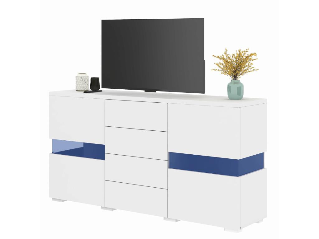 Buffet bas avec 2 Portes et 4 Tiroirs, LEDs, Haute brillance, panneaux de bois de particules, style moderne, blanc