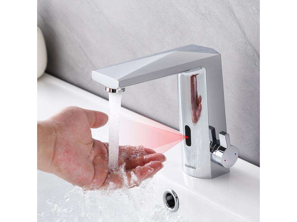 Mobilierdoux Mitigeur Lavabo Capteur Infrarouge Intelligent Automatique, Mitigeur Infrarouge Electronique Chromé en Laiton Eau Chaude Froide,,EU Modèle
