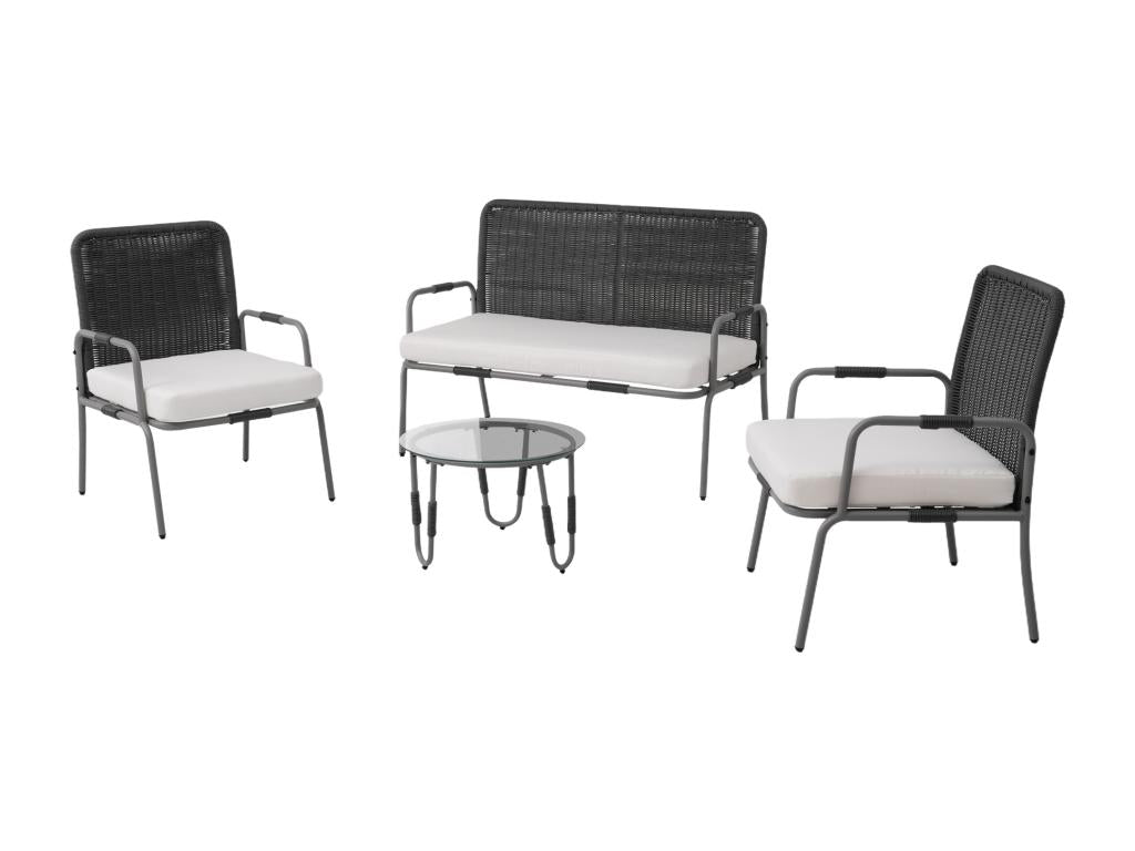 Salon de jardin en polyrotin - 4 places - 1 canapés, 2 fauteuils et 1 tables basses - Gris