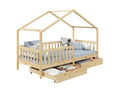 Lit cabane Laviechez lit enfant simple montessori 90x200 cm avec 2 tiroirs de rangement en pin massif à la finition naturelle