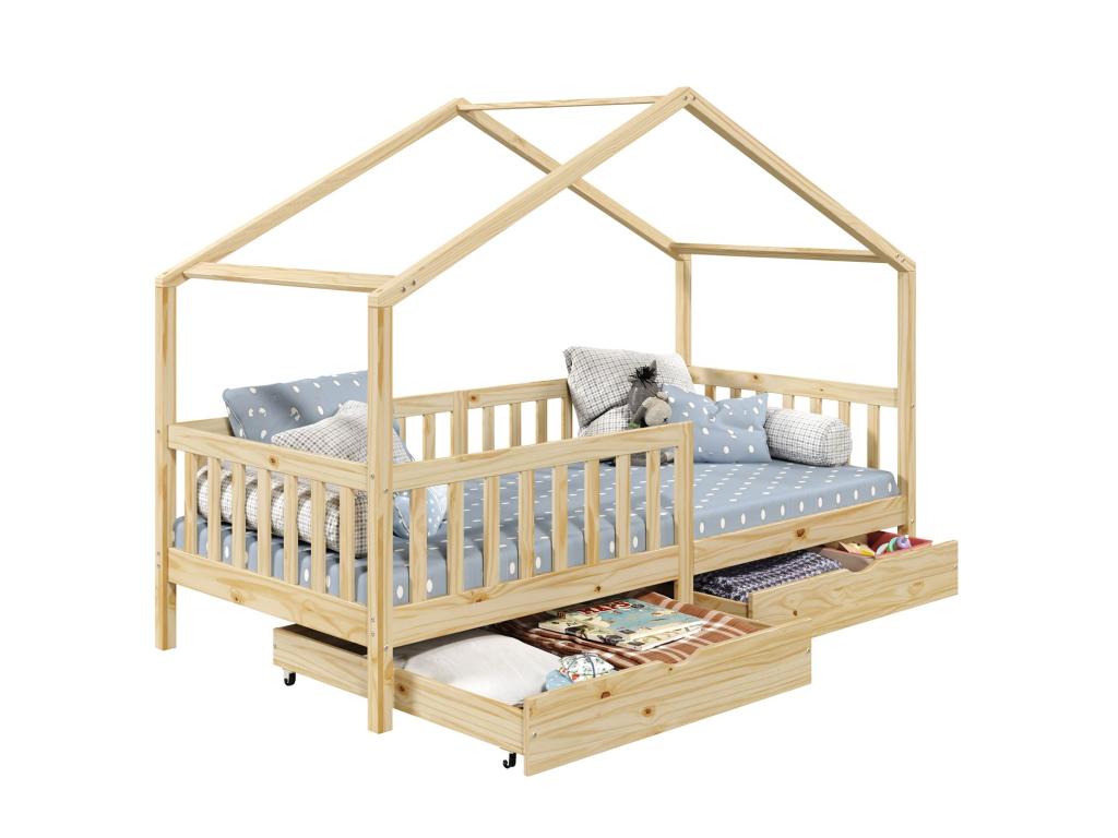 Lit cabane Laviechez lit enfant simple montessori 90x200 cm avec 2 tiroirs de rangement en pin massif à la finition naturelle