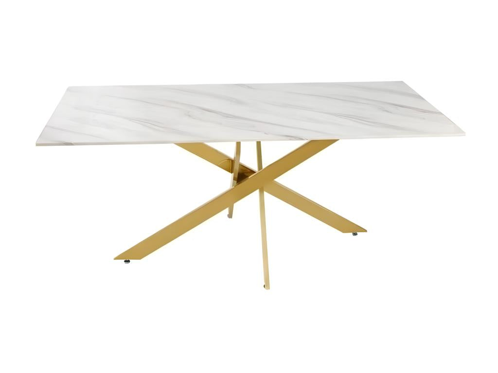 Table repas Cheneclair doré verre effet marbré blanc 150x90cm