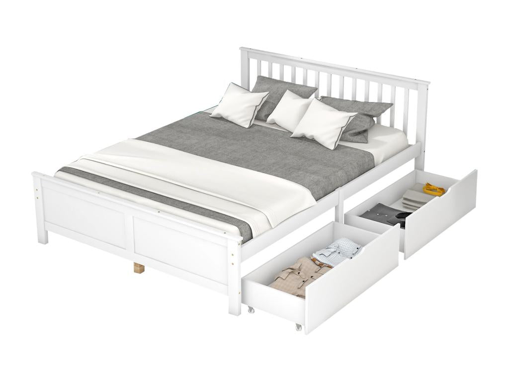 Lit simple 140*200cm en bois massif avec 2 tiroirs - Blanc