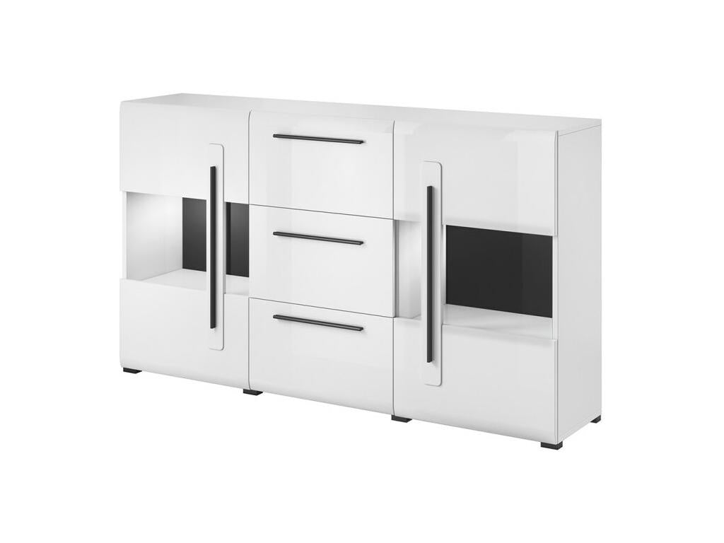 Buffet 180cm collection Mobiliercosy deux portes partiellement vitrées et trois tiroirs. Coloris blanc.