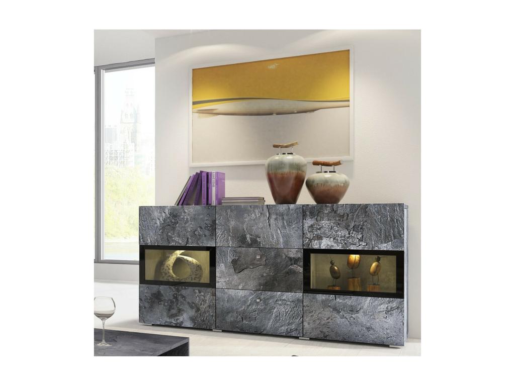 Buffet 2 portes et 3 tiroirs collection Neodouce- Éclairage LED intégré- Coloris gris effet ardoise et noir.