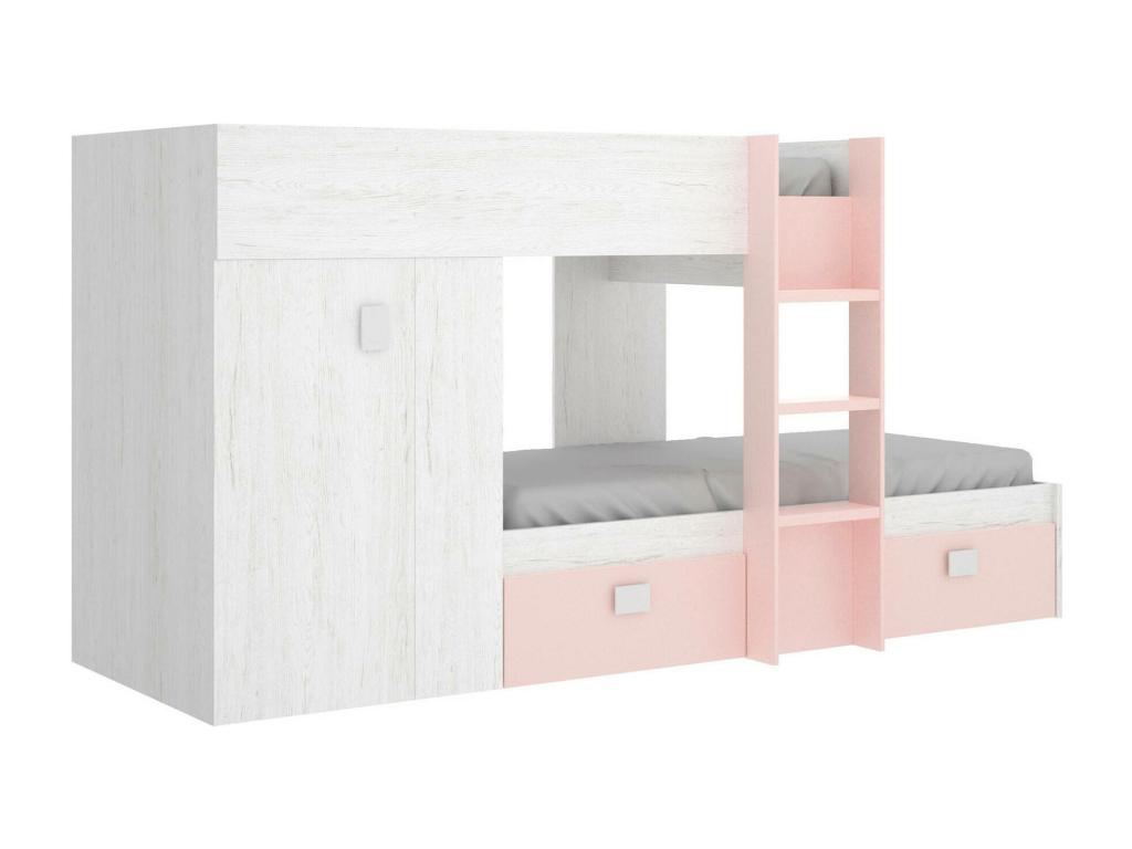 Lit enfant Zenmobilier Chambre complète avec armoire et tiroirs Composition de lits superposés avec deux lits simples 271x111h150 cm Blanc et Rose