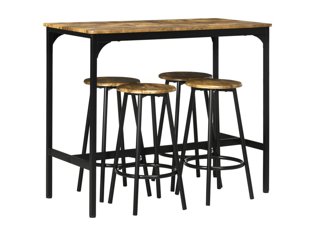 Ensemble table de bar 4 tabourets style industriel métal noir aspect bois vieilli