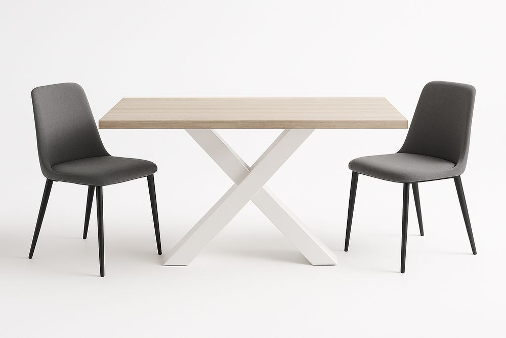 Table MDF chêne clair et métal avec 2 chaises en polyester gris